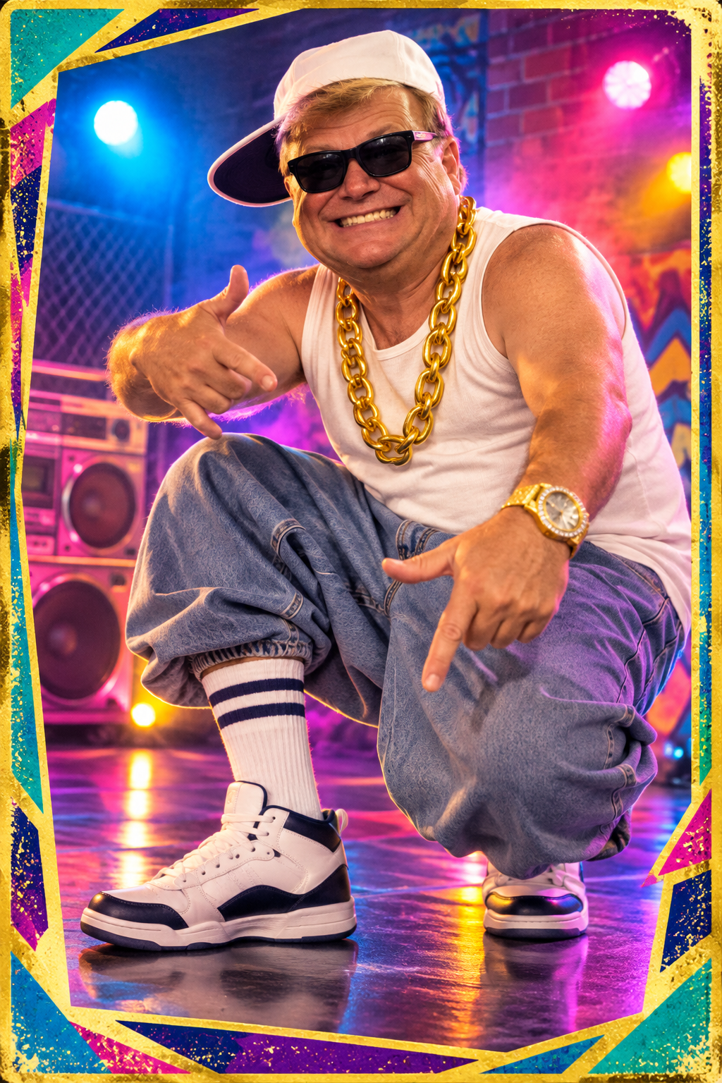 Ice-Trey in a playful retro white-rapper outfit